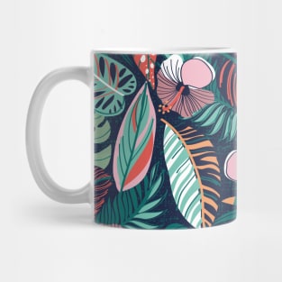 Moody tropical night // pattern // oxford blue background coral spearmint papaya orange jade and pine green leaves cotton candy pink and dry rose hibiscus flowers Mug